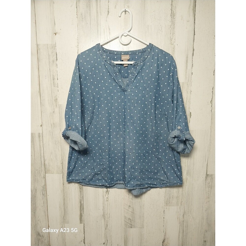 Chicos Distressed Denim Polka Dot Tunic Popover Casual Blouse Size 3 XL